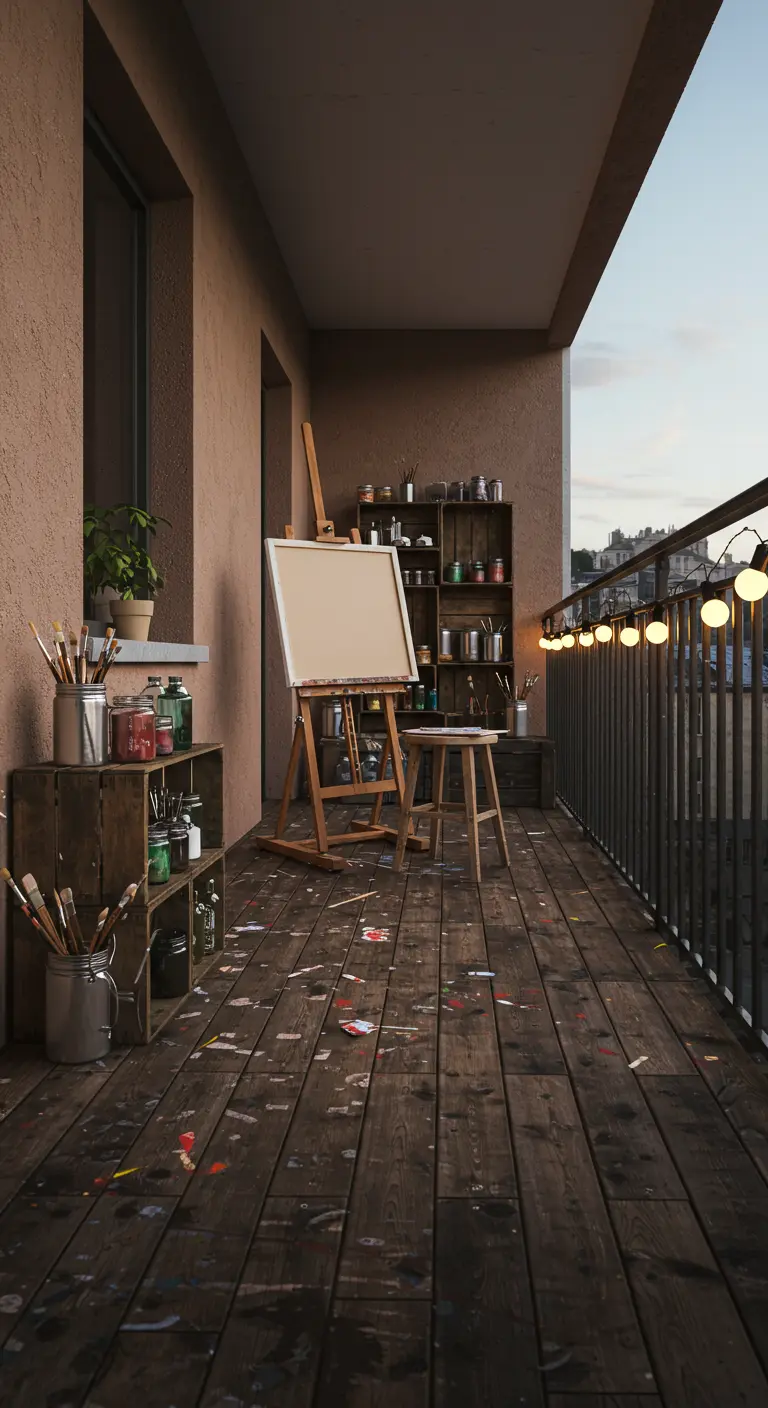 Balcón rústico transformado en un estudio de artista con un caballete, pinturas y cajas de madera como almacenaje