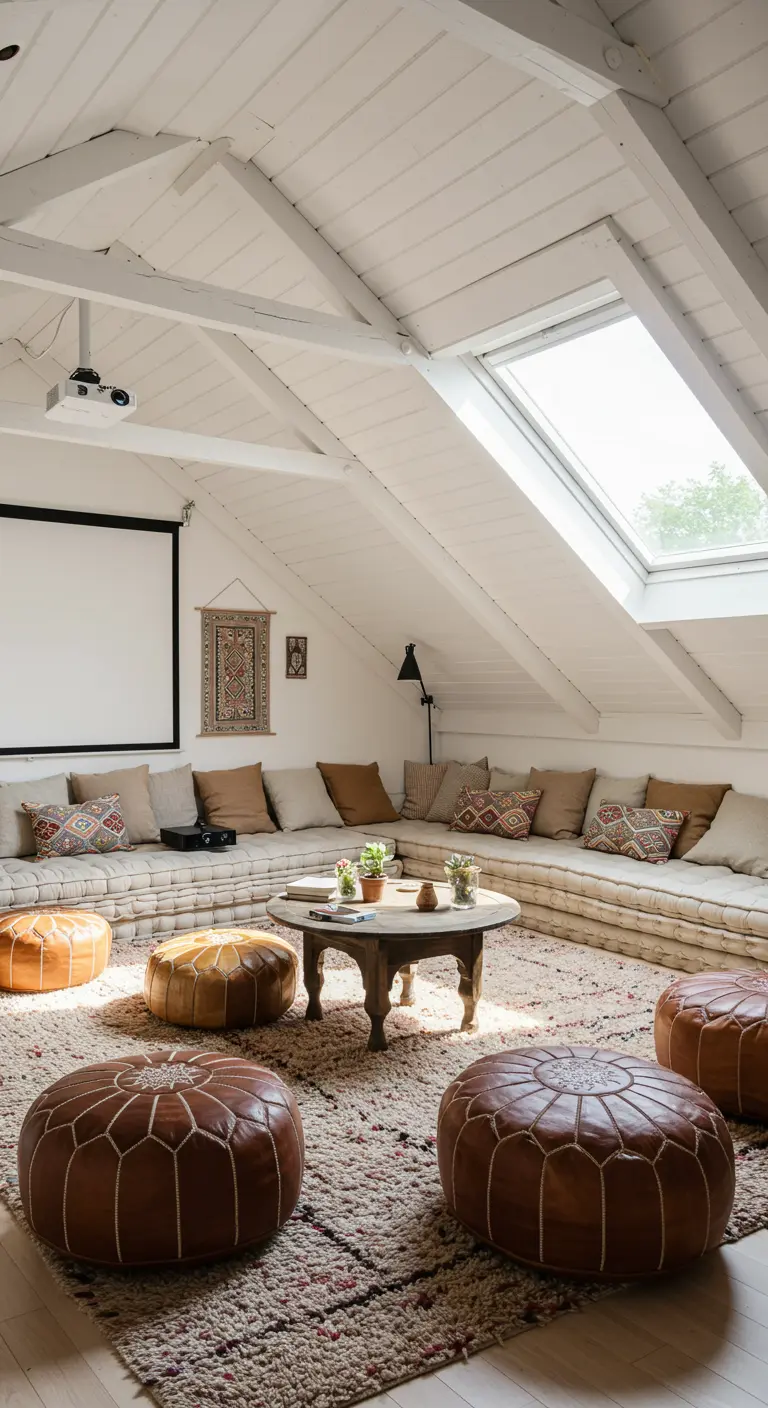 Ático bohemio con sofá modular bajo, pufs de cuero y pantalla de proyector