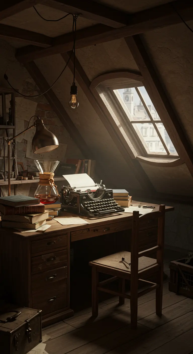 Escritorio de escritor en un ático con una máquina de escribir y luz de ventana.