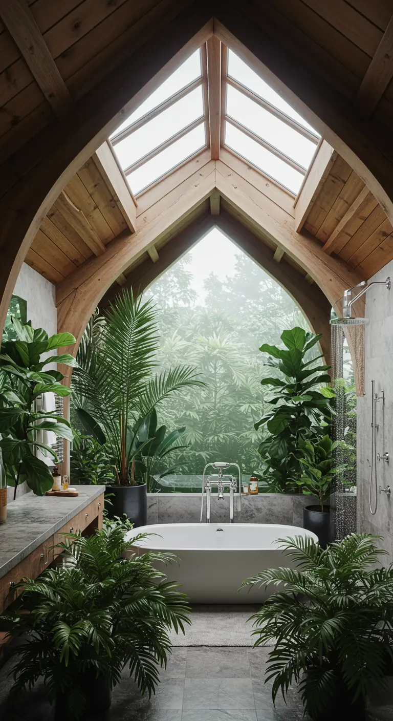 Baño en un ático con estructura de madera, grandes tragaluces y muchas plantas altas