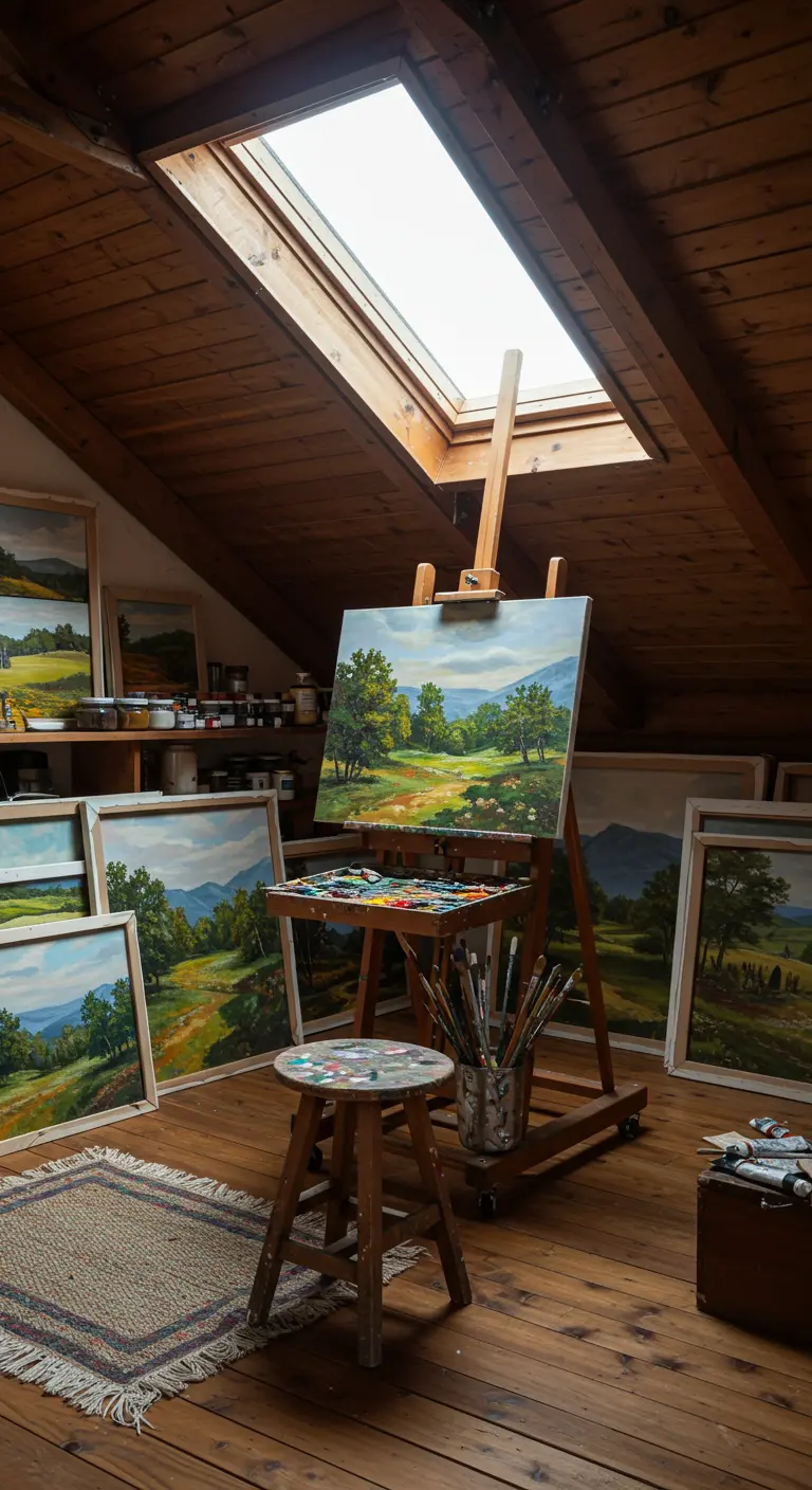 Ático convertido en estudio de arte con vigas de madera, un caballete bajo una claraboya y paisajes.