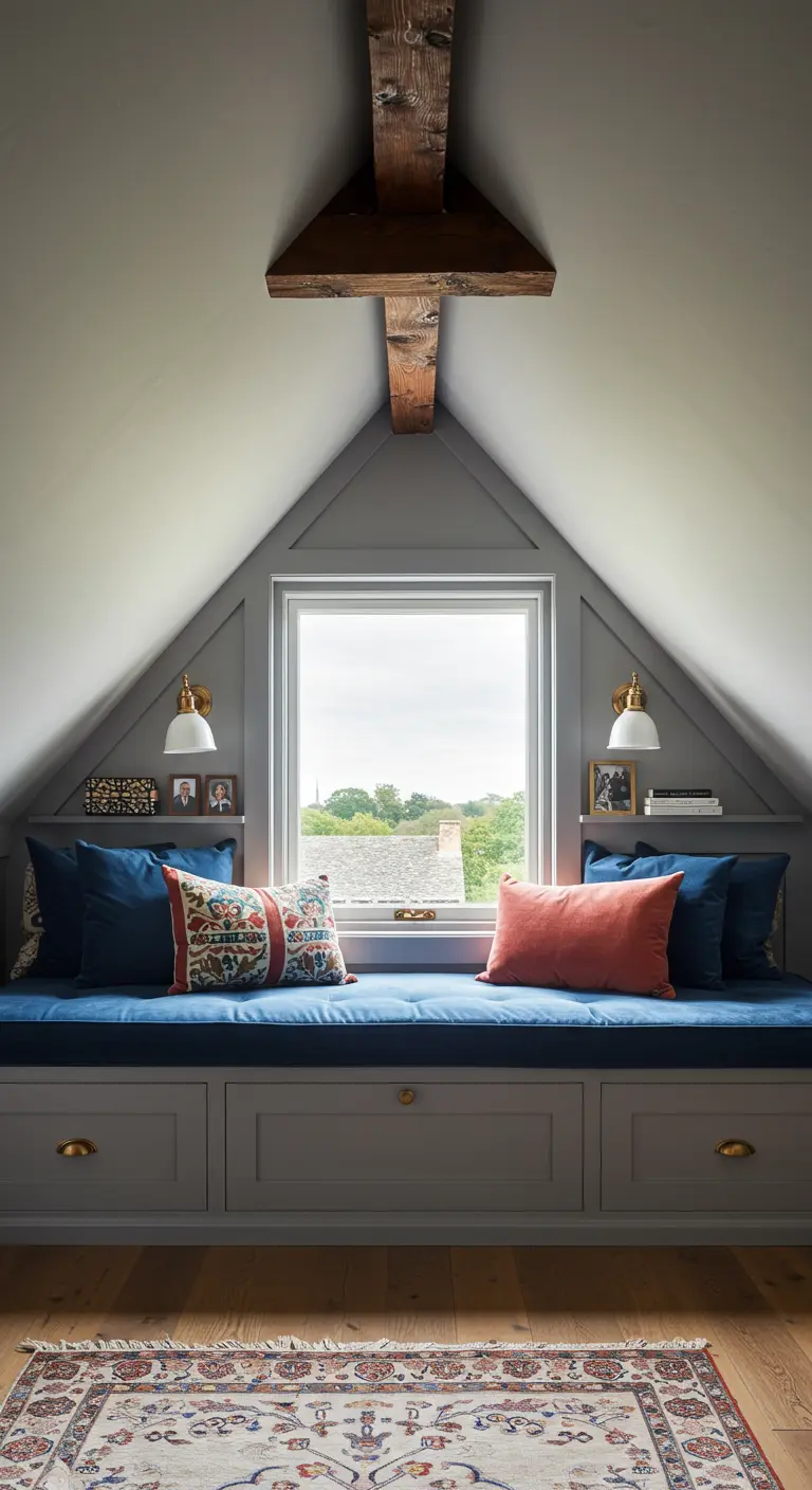 Asiento de ventana en un ático con techo inclinado, cojines coloridos y apliques de pared.
