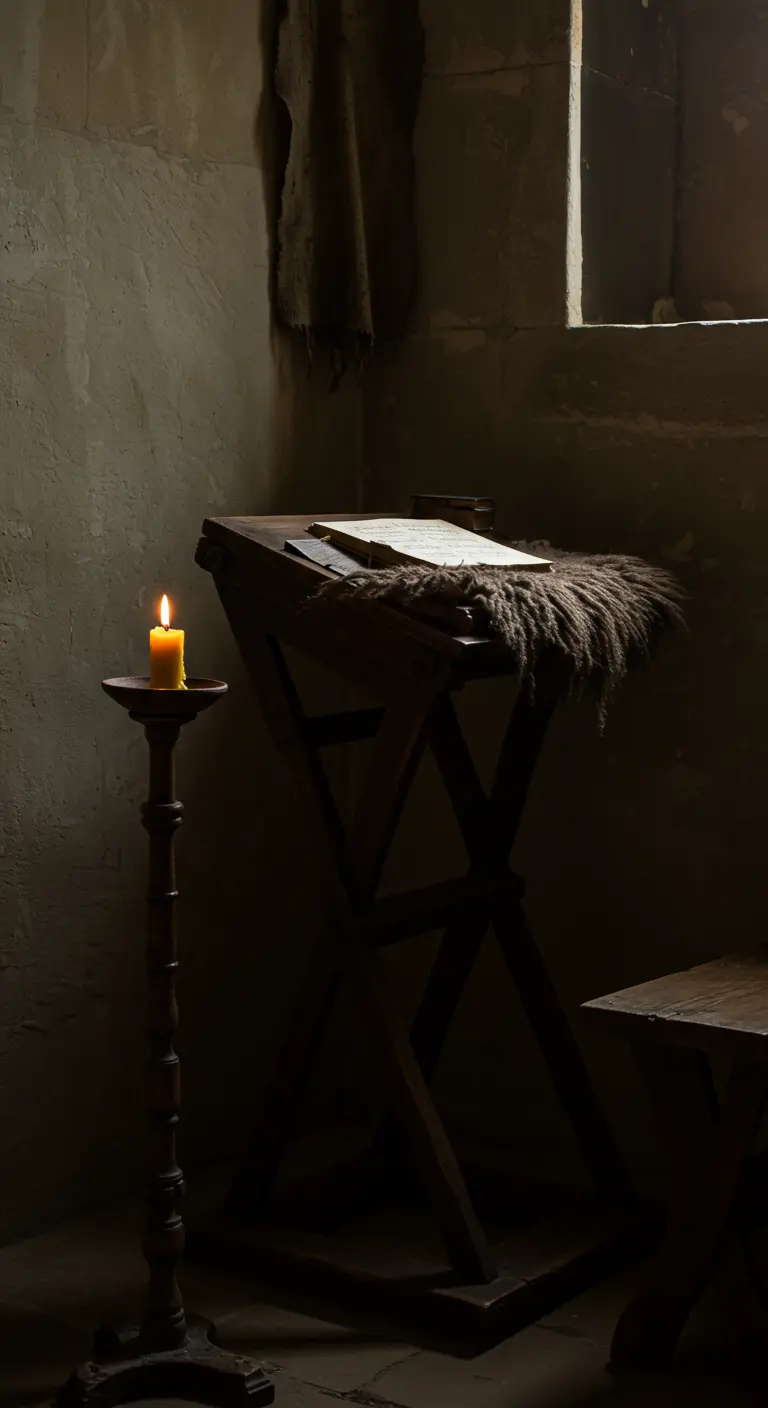 Atril de madera en una habitación de piedra austera, iluminado por una sola vela.