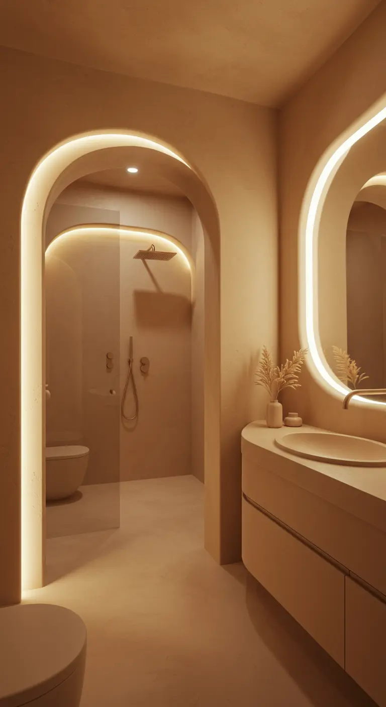 Baño minimalista en tonos beige con iluminación LED indirecta en el espejo y el arco de la ducha.