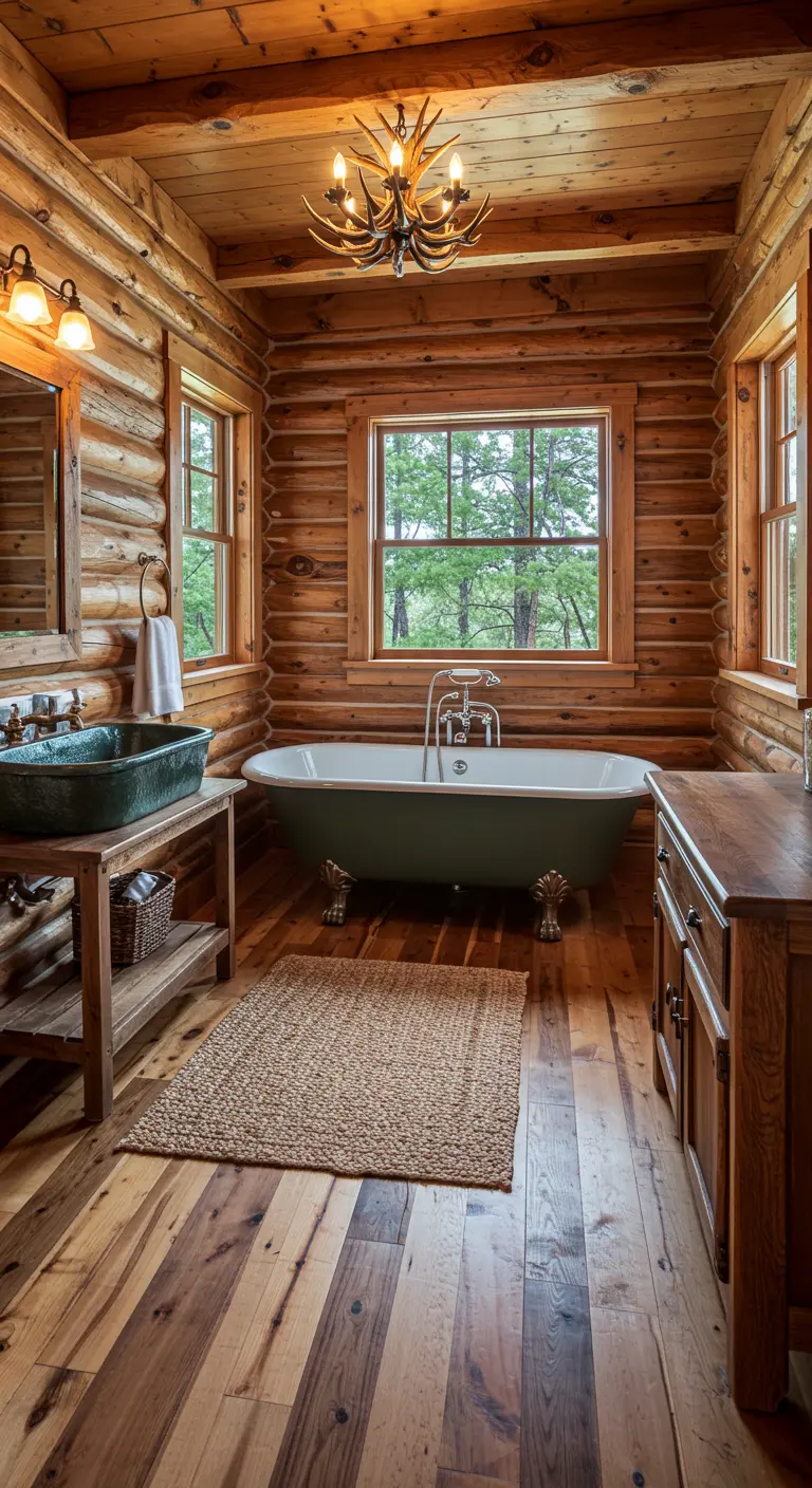 Baño en una cabaña de troncos con lámpara de araña de astas y una bañera con patas de color verde.