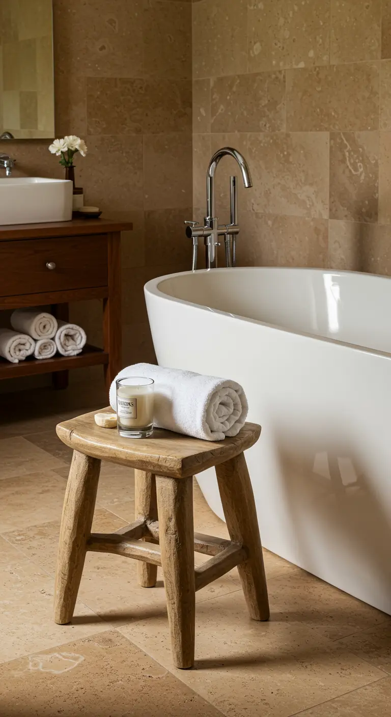 Baño con bañera exenta y un pequeño taburete de madera rústica al lado.