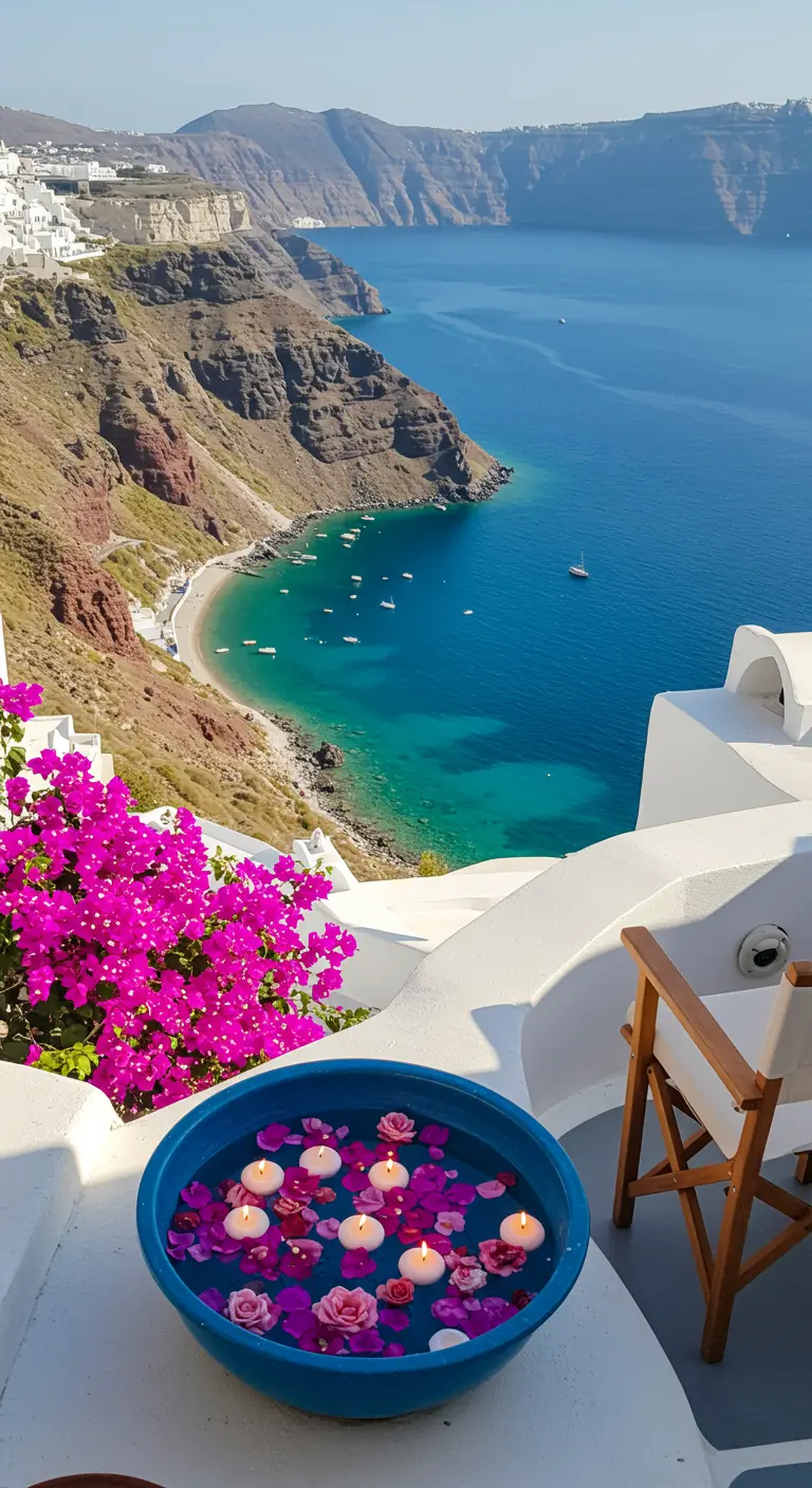 Balcón en Santorini con un cuenco azul con velas flotantes y pétalos fucsia, vistas al mar.