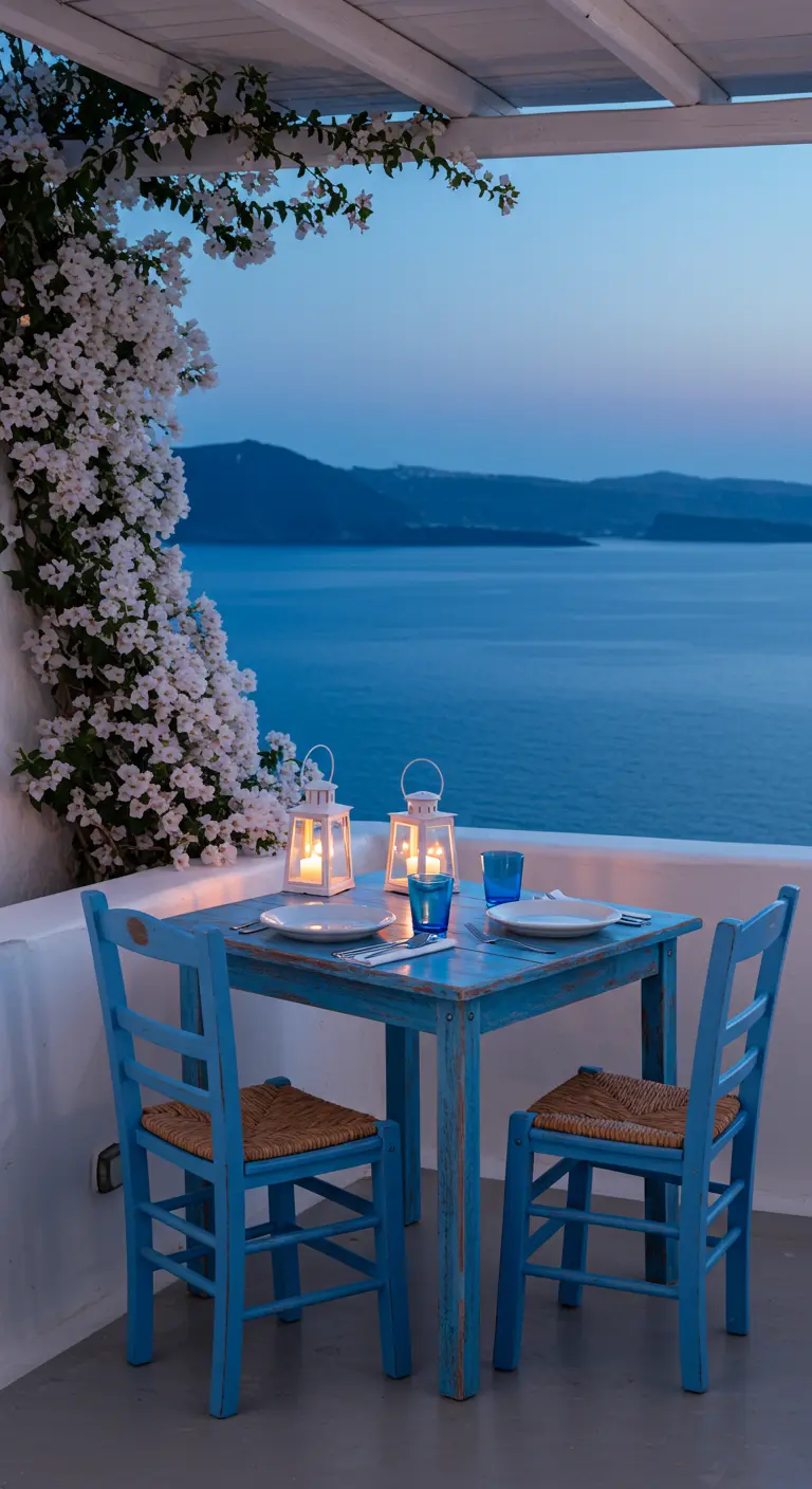 Mesa y sillas azules en un balcón blanco con vistas al mar y flores blancas.