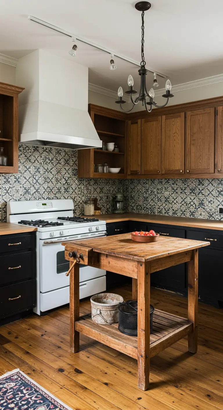Cocina farmhouse con azulejos estampados, armarios de madera y negros, y una isla rústica