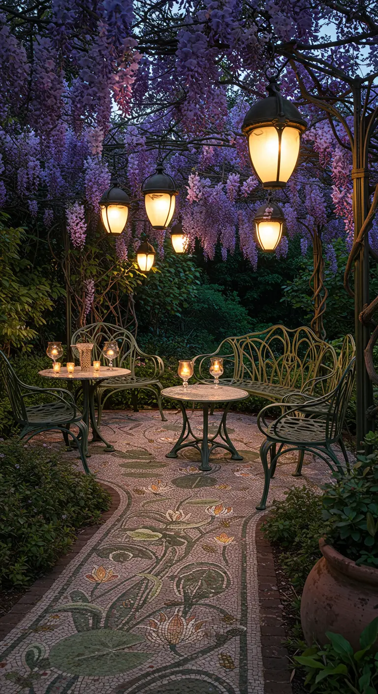 Jardín nocturno con faroles colgando entre glicinas sobre un camino de mosaico y muebles de hierro.