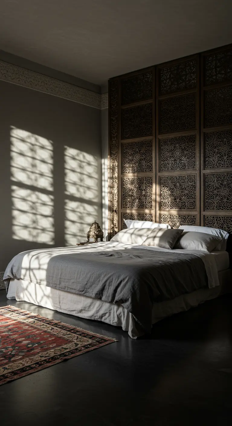 Dormitorio con un biombo de madera tallada que proyecta sombras en la pared y la cama.