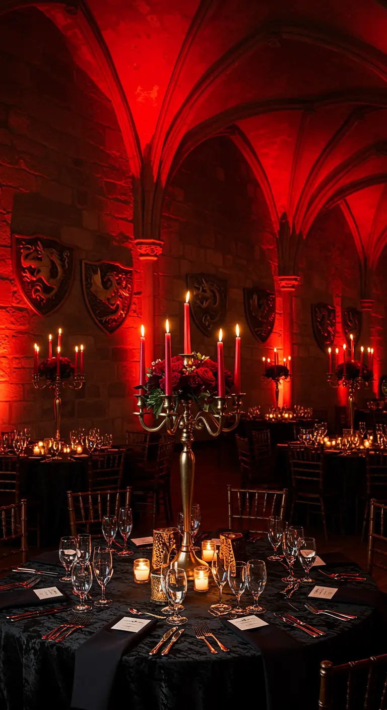 Recepción de boda en un castillo con iluminación roja, mesas negras y candelabros.