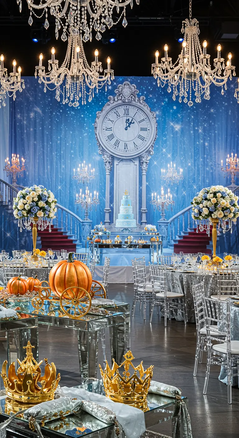 Salón de baile de Cenicienta con un gran reloj, calabazas doradas y decoración azul.