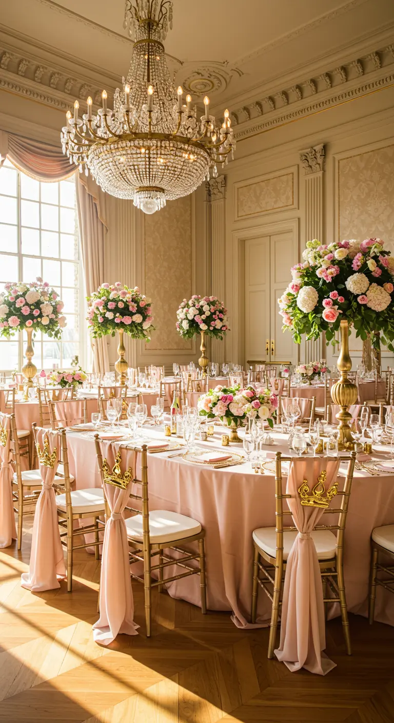 Salón de baile con mesas redondas, manteles rosas y sillas doradas con coronas.