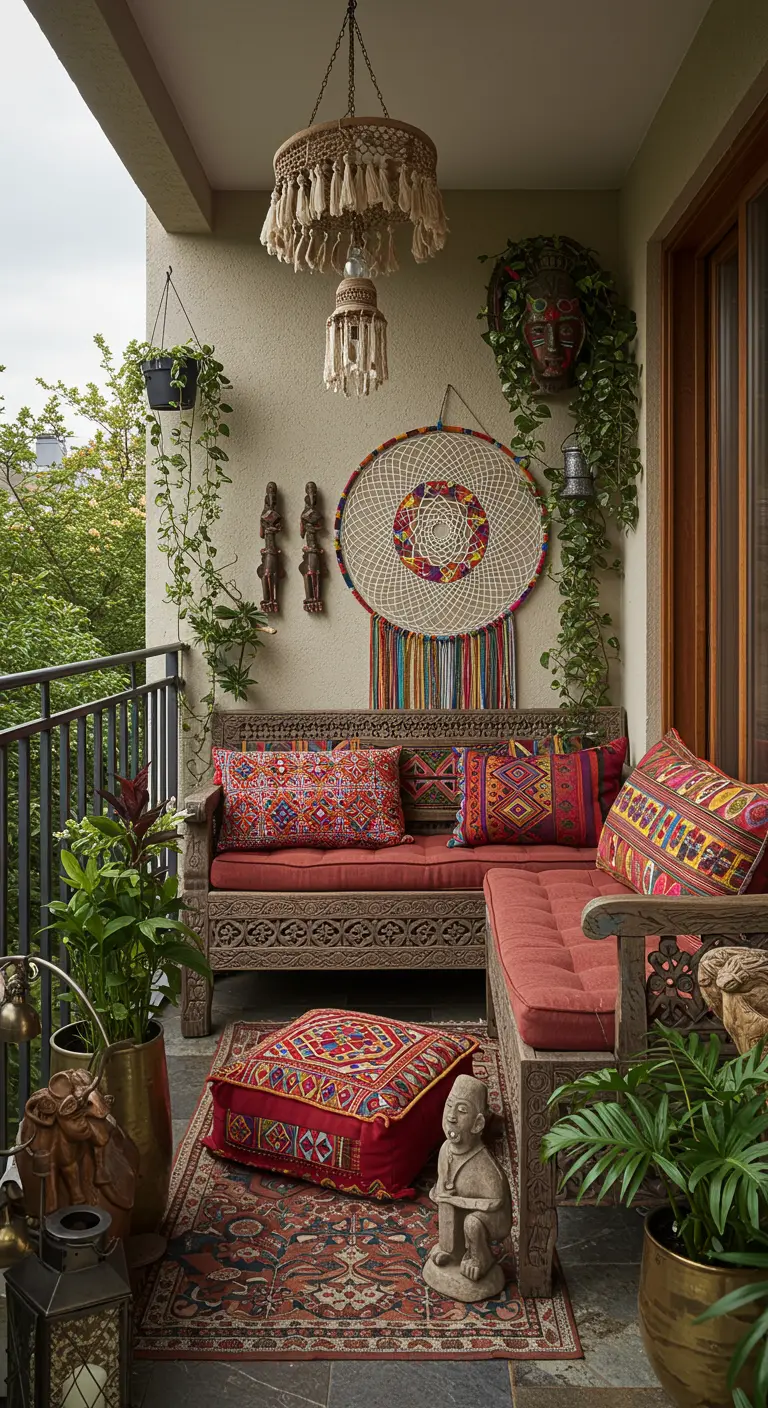Balcón ecléctico con banco de madera tallada, cojines étnicos, máscara tribal y un atrapasueños de colores.