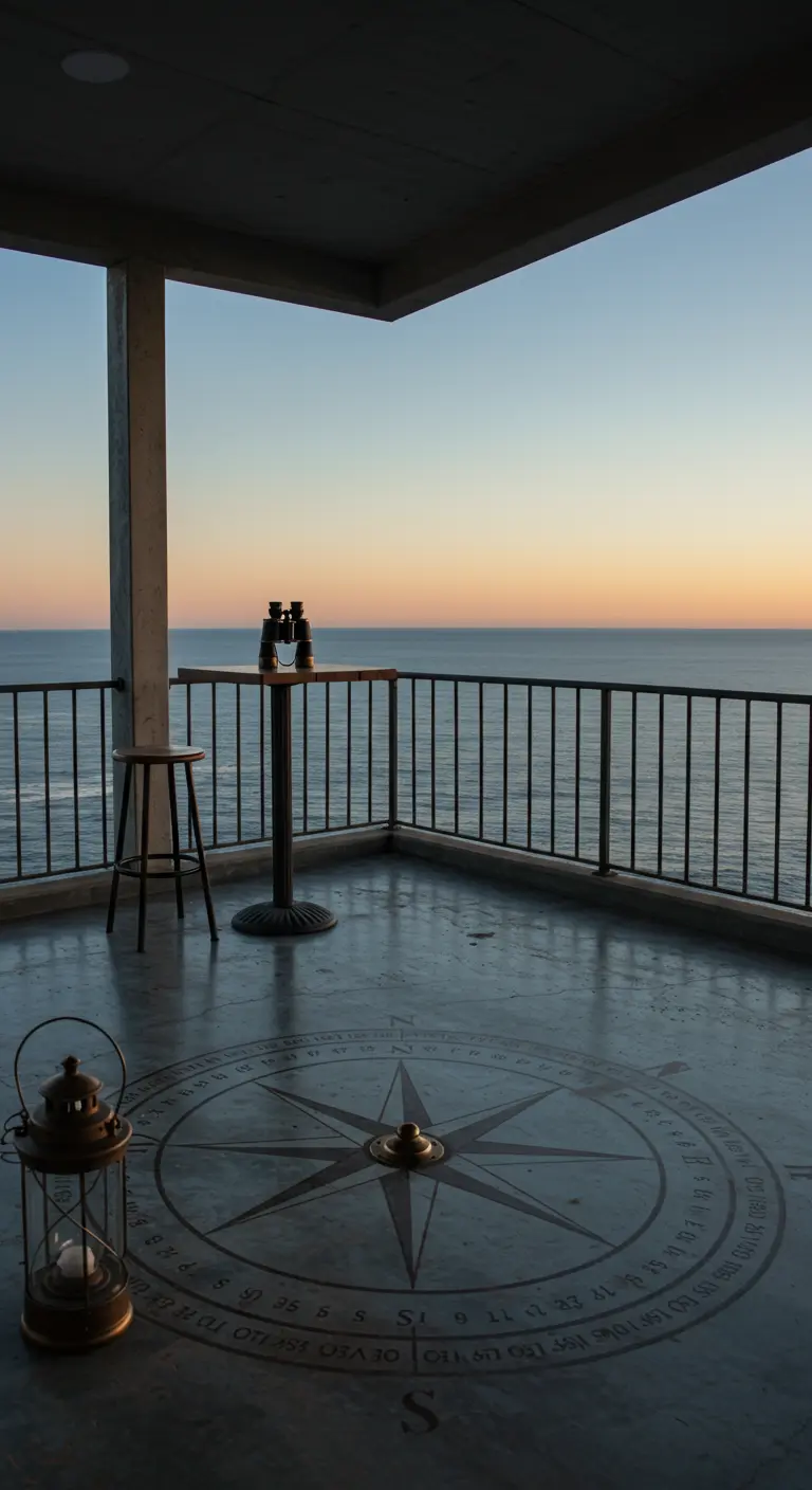 Balcón minimalista con una rosa de los vientos en el suelo, una mesa alta y vistas al atardecer en el mar.
