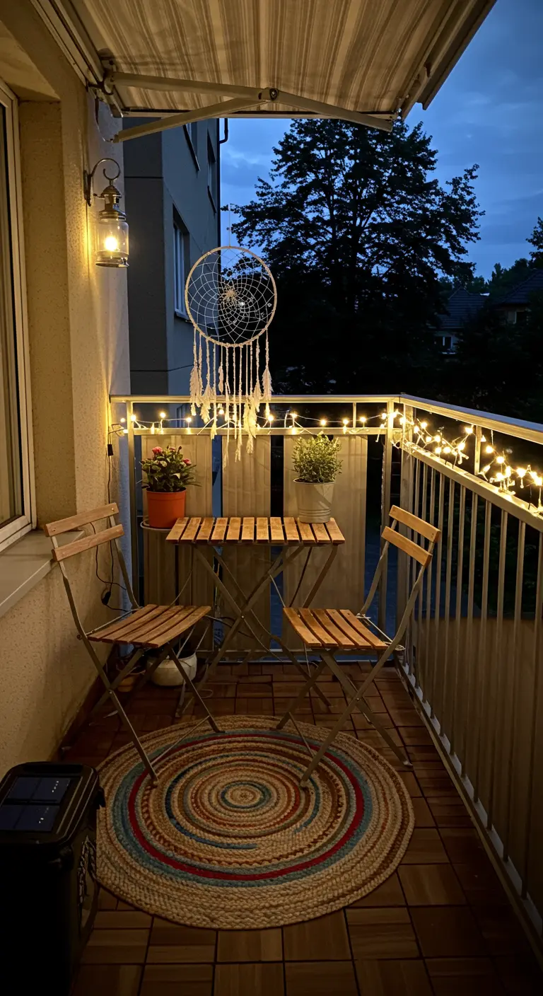 Balcón pequeño y acogedor con mesa y sillas plegables, alfombra redonda y luces de hadas