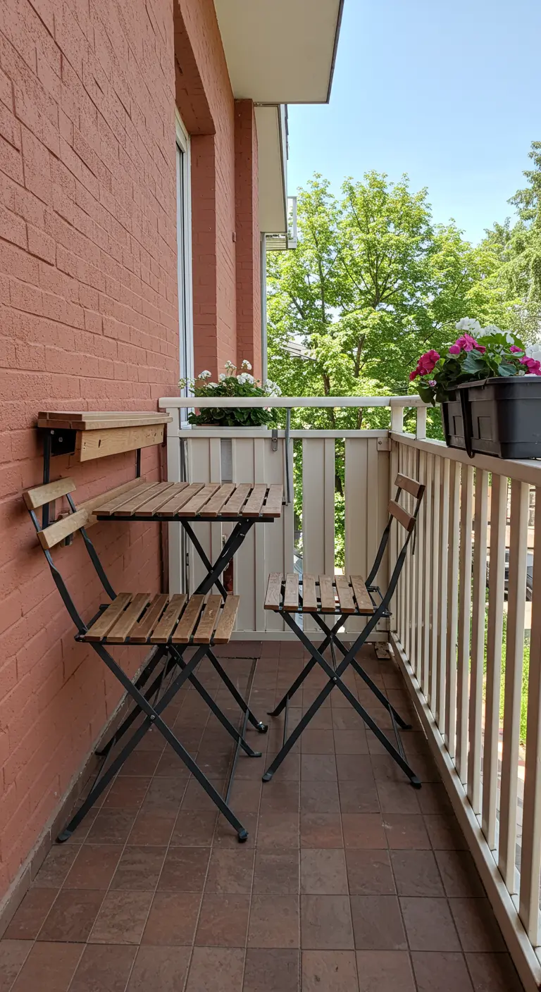 Conjunto de mesa y sillas de madera plegables instaladas en la pared de un balcón pequeño.