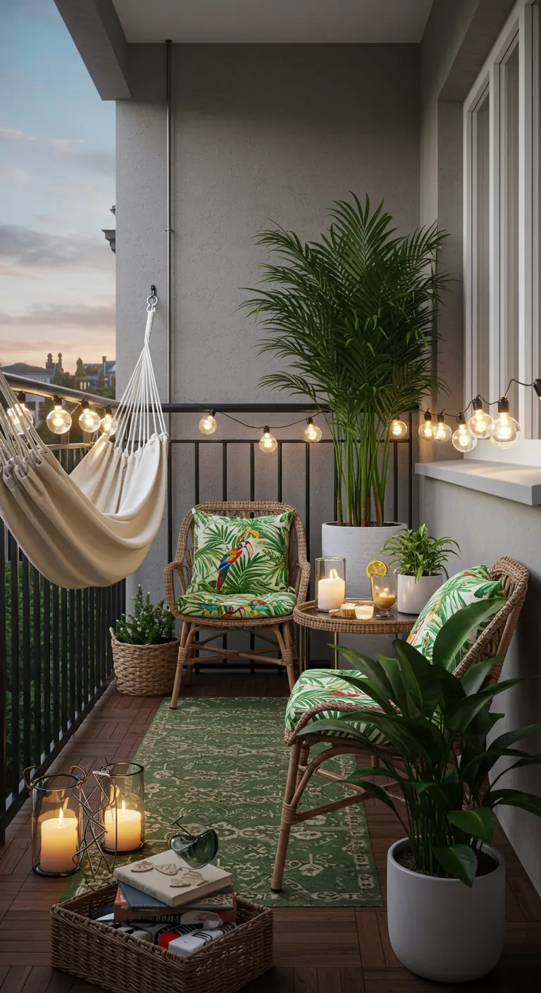 Balcón acogedor con hamaca, sillas de mimbre con cojines tropicales y guirnaldas de luces