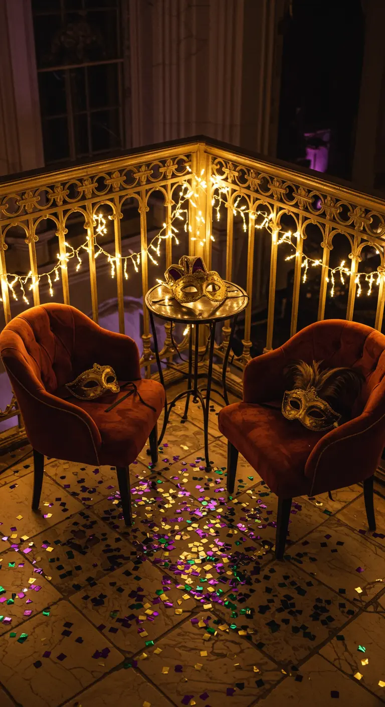 Rincón de máscaras con sillas de terciopelo, luces y confeti de carnaval morado, verde y dorado.