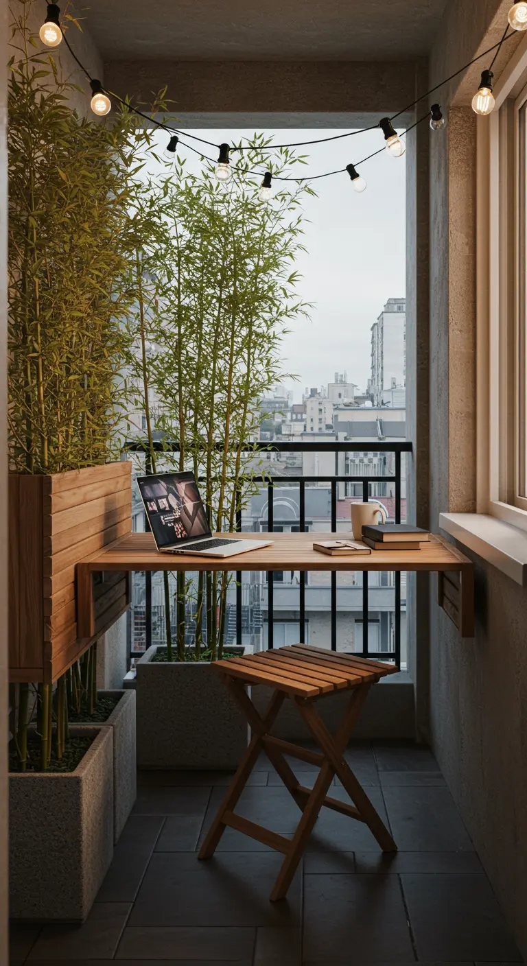 Pequeño balcón convertido en oficina con mesa plegable, plantas de bambú y luces