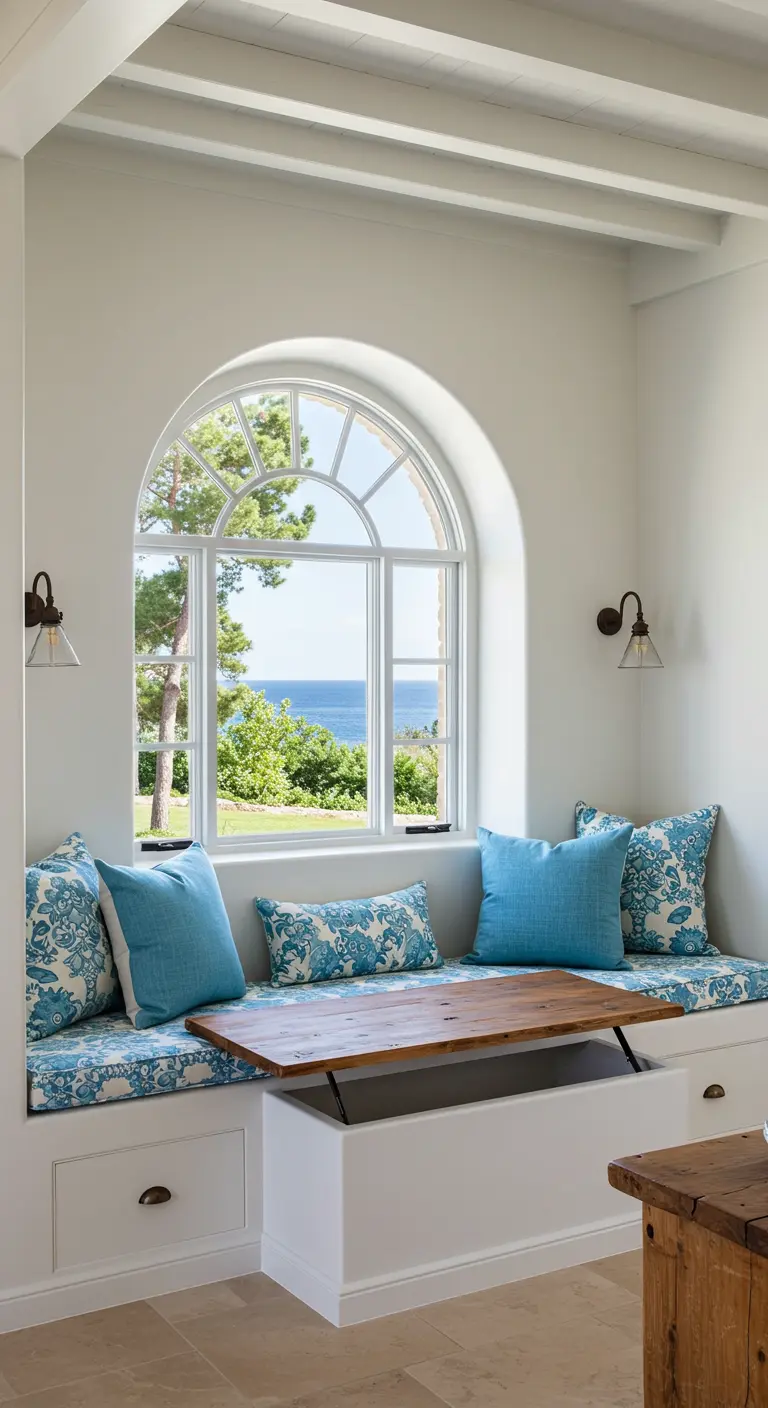 Banco de ventana blanco con un tablero de madera que se eleva para formar una mesa.