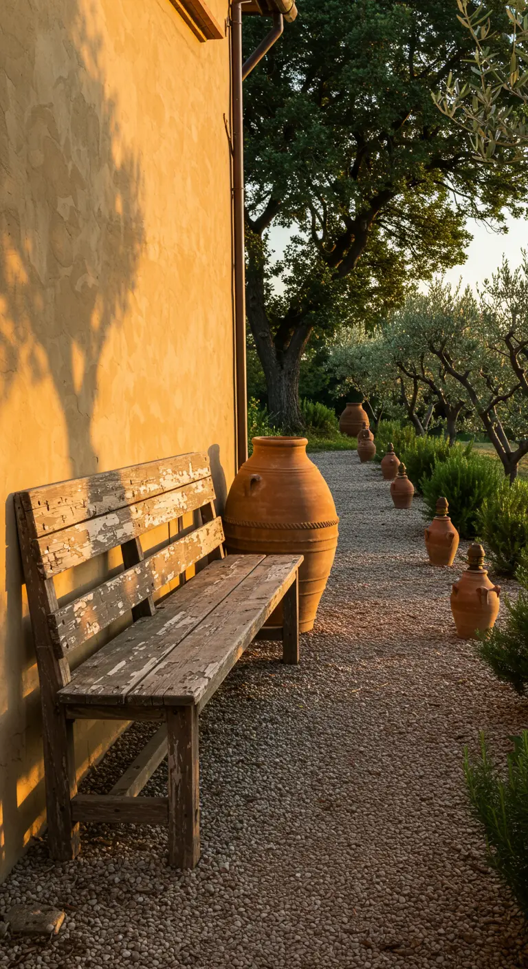 Banco de madera envejecida apoyado en una pared de estuco al atardecer, junto a un camino de grava