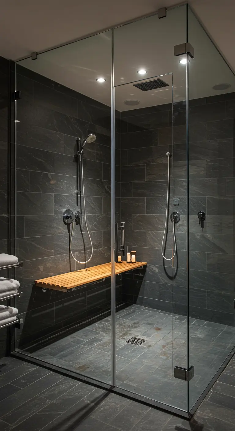 Ducha de pizarra con un banco flotante de listones de bambú.