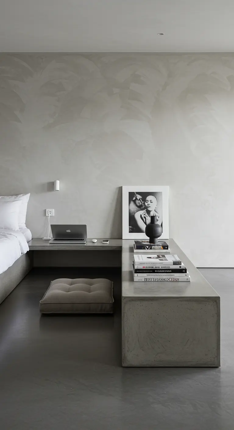 Banco de hormigón bajo que sirve de mesita de noche y escritorio en un dormitorio minimalista.