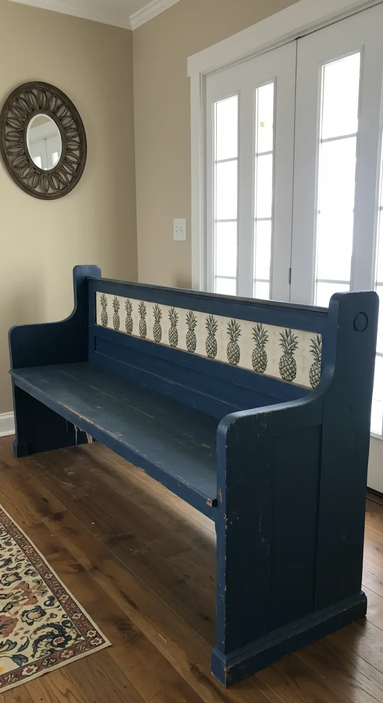 Banco de iglesia de madera pintado de azul oscuro con el panel del respaldo decorado con un papel tapiz de piñas.