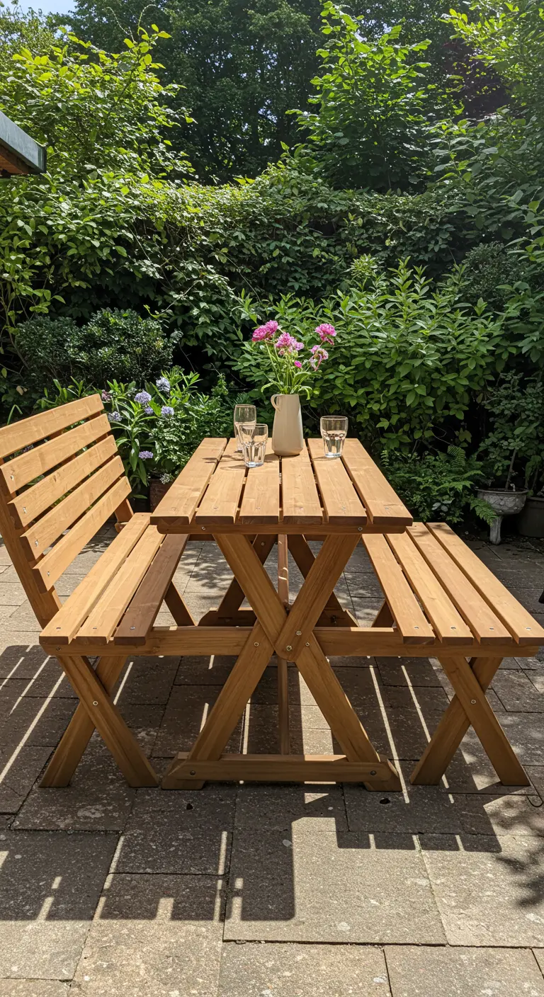 Un banco de madera en un patio que se ha desplegado para formar una mesa de pícnic con asientos.