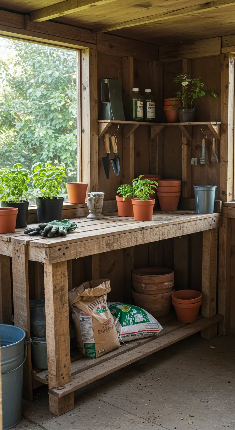 Mesa de trabajo para jardinería hecha con pallets dentro de un cobertizo de madera.