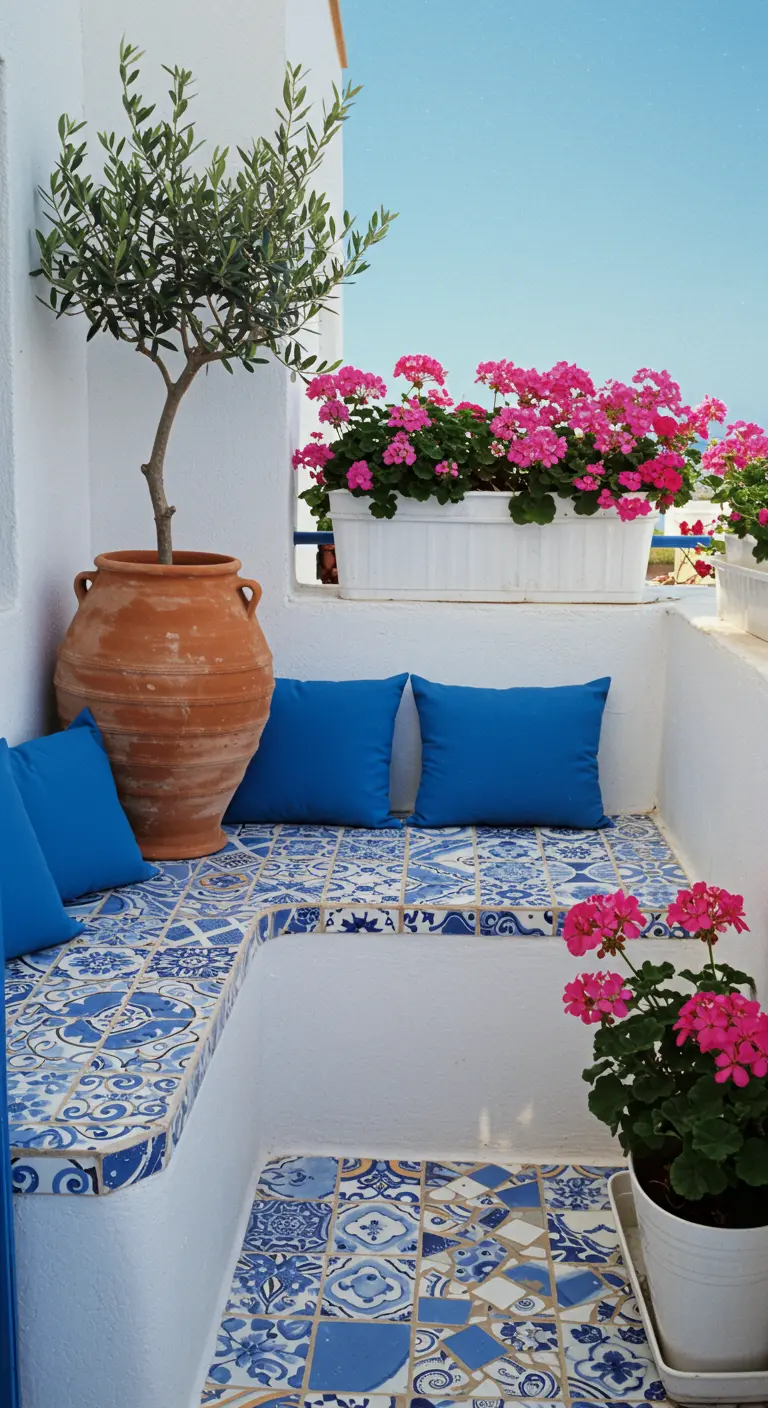Balcón de estilo griego con un banco de obra blanco revestido de azulejos azules y cojines a juego.