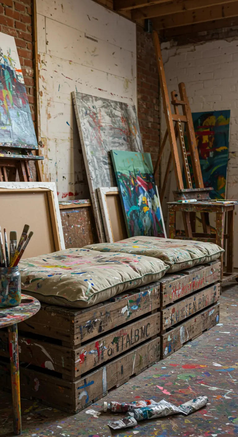 Banco hecho con cajas de madera cubiertas de salpicaduras de pintura en un estudio de artista.