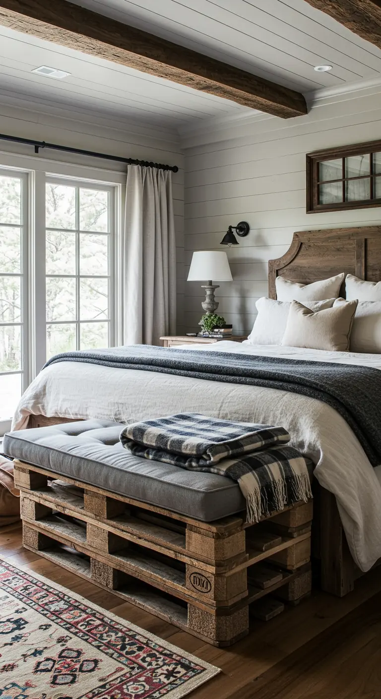 Banco hecho con dos palets apilados y un cojín gris a los pies de una cama rústica.