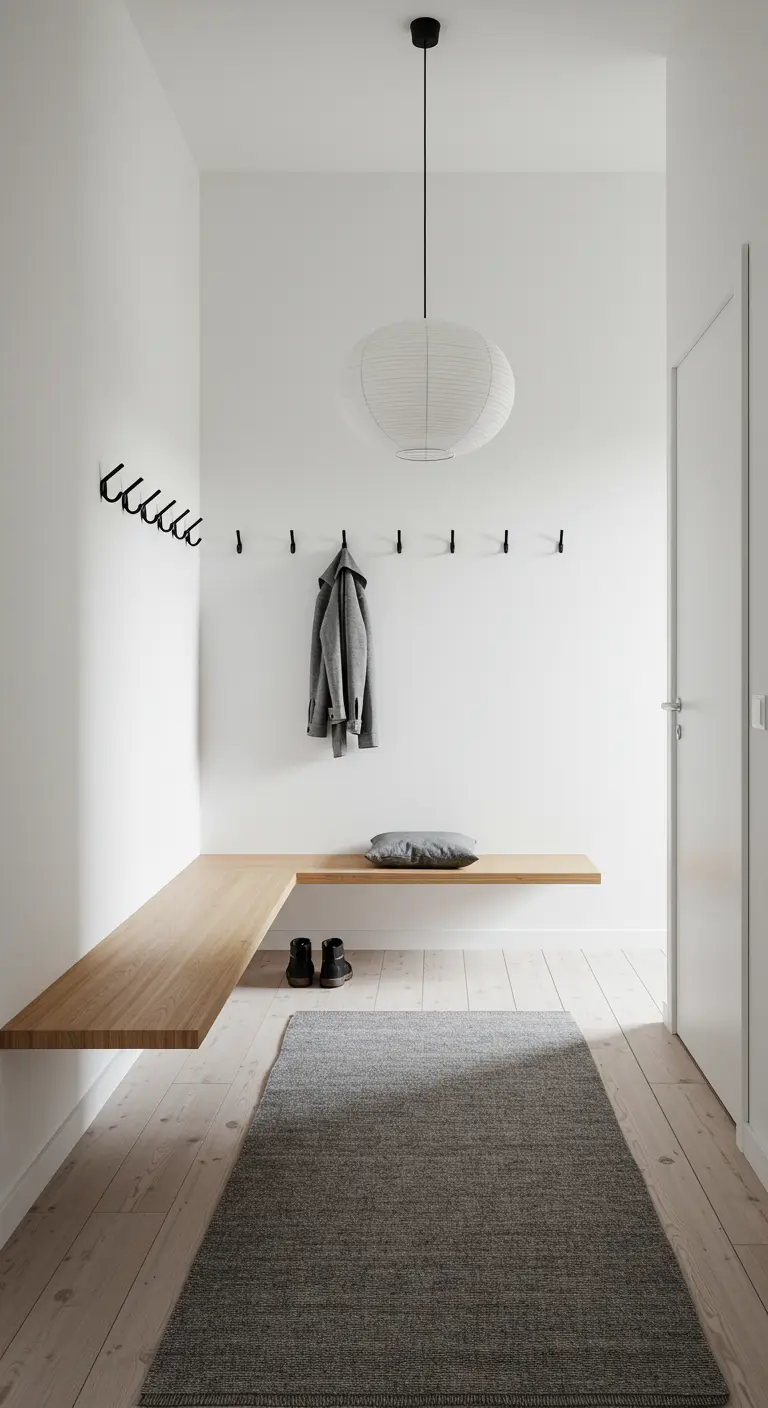 Entrada minimalista con banco de madera flotante, ganchos negros y lámpara de papel.