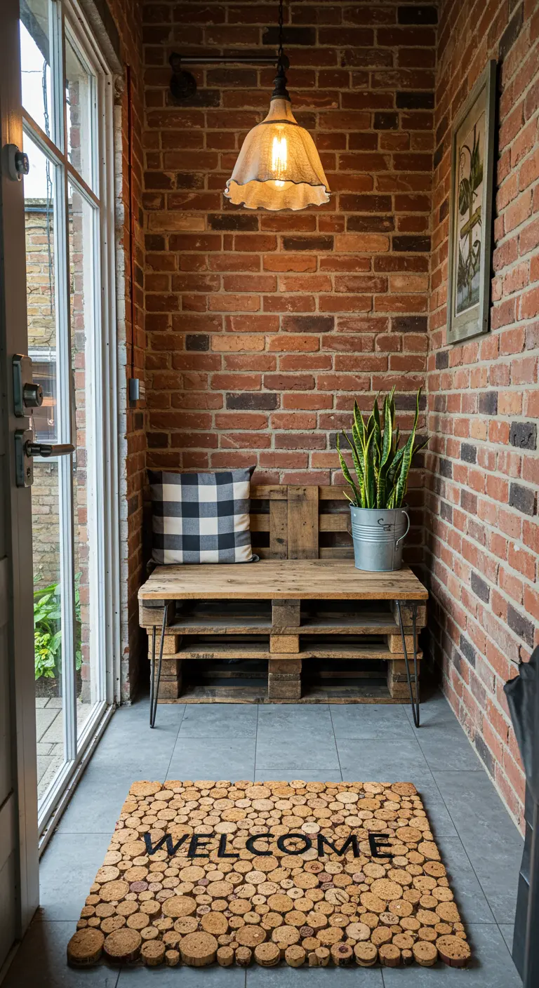 Banco hecho con medio palet de madera y patas de horquilla metálicas negras, en una entrada de ladrillo.