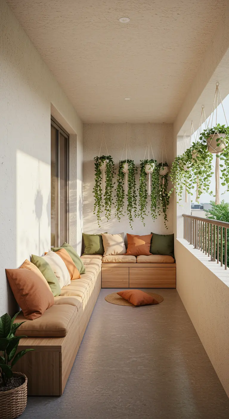 Balcón estrecho con un banco de madera a medida, cojines en tonos tierra y plantas colgantes.