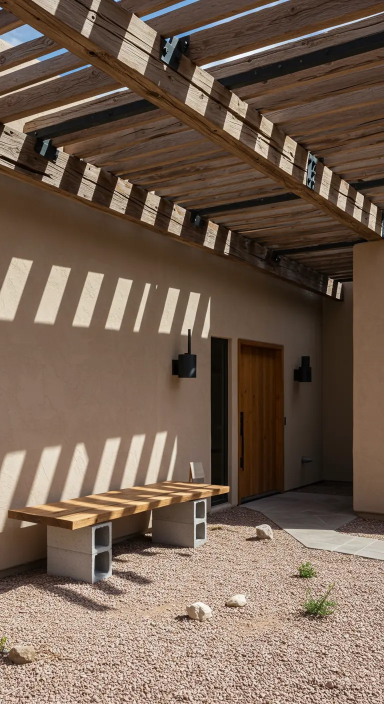 Banco de exterior hecho con bloques de hormigón y tablones de madera bajo una pérgola.
