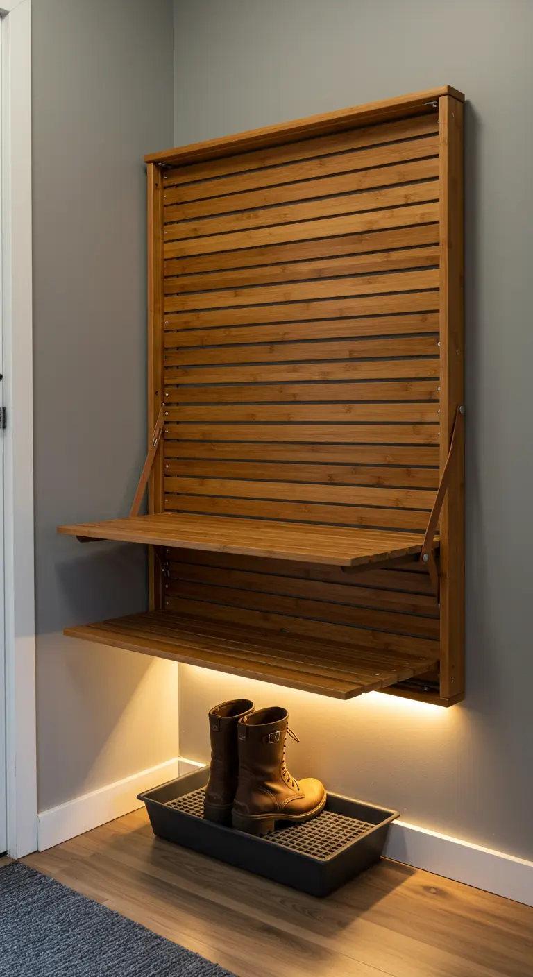 Zapatero de pared plegable de bambú con dos baldas y luz LED cálida debajo.