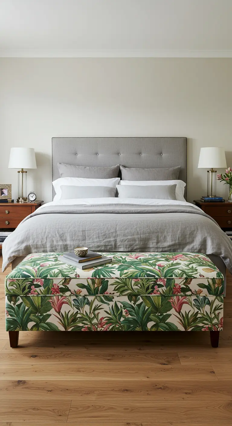 Banco tapizado con una tela de estampado tropical a los pies de una cama con tonos neutros.