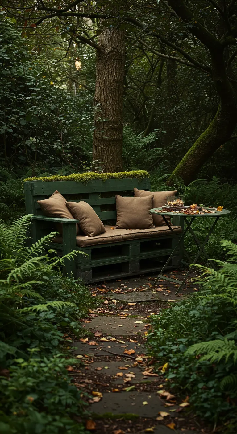 Banco de palets verde oscuro con cojines marrones, oculto entre helechos y árboles en un jardín.