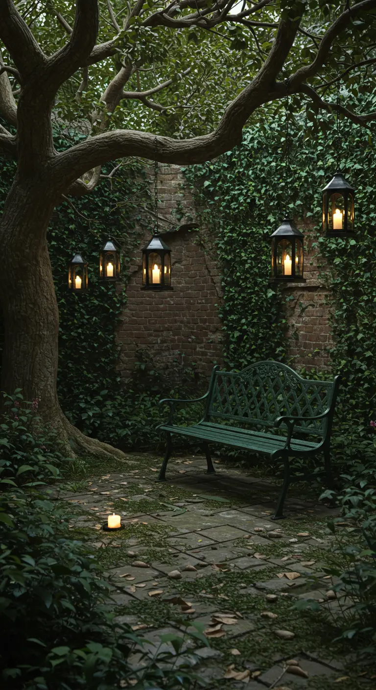 Patio secreto con un banco de hierro verde oscuro bajo un árbol y faroles colgando de las ramas.