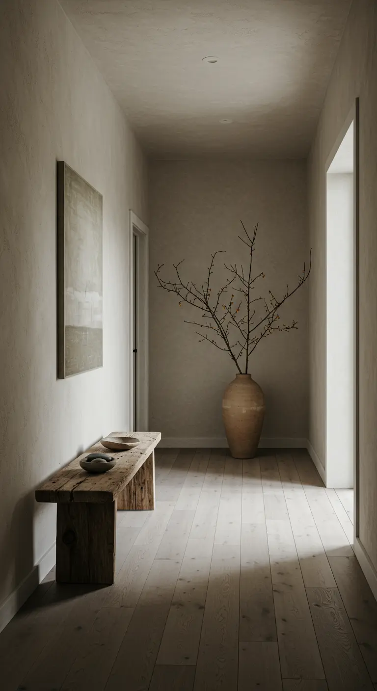 Recibidor wabi-sabi con banco de madera rústica, jarrón con ramas y paredes texturizadas.