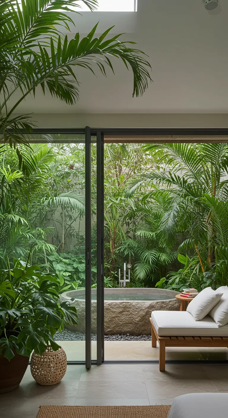Baño con acceso a un patio tropical, bañera de piedra y una cama de día con cojines blancos.