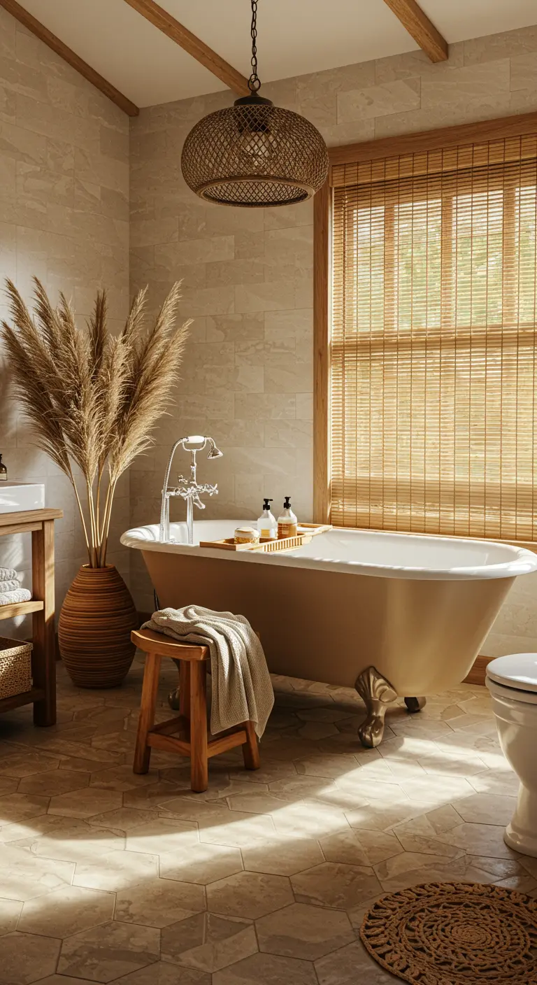 Baño de estilo bohemio con bañera con patas, hierba de la pampa y lámpara de ratán