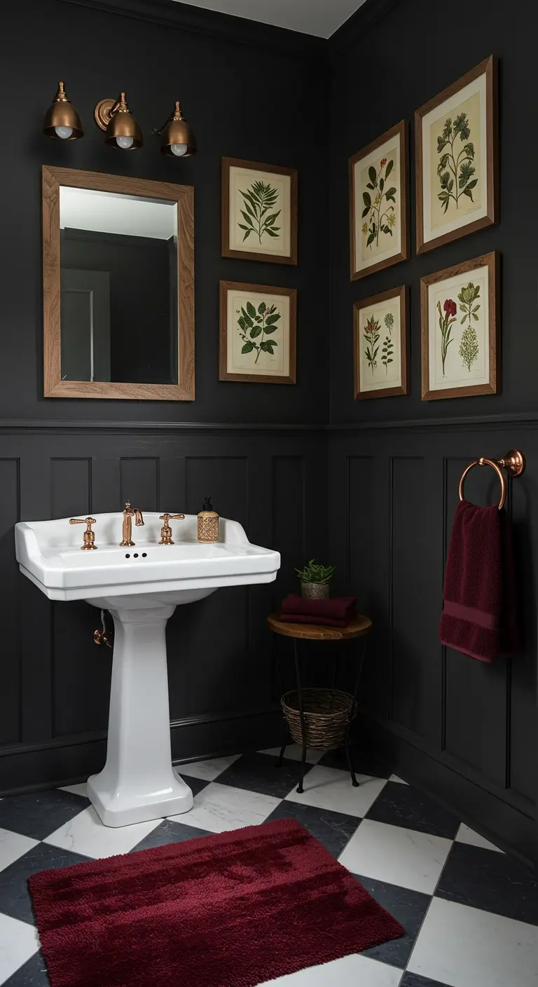 Baño oscuro con zócalo de madera, lavabo de pedestal y láminas botánicas.
