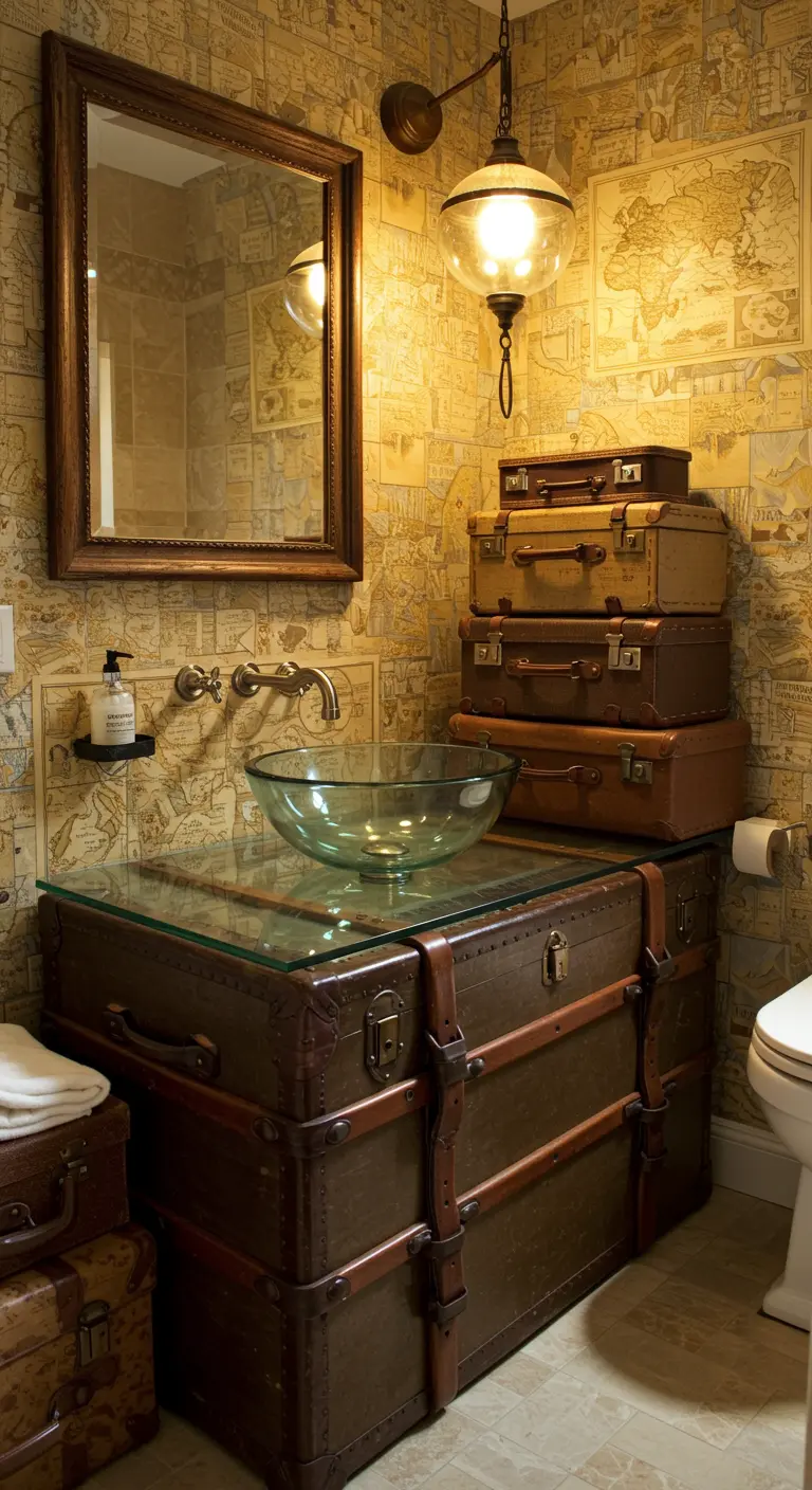 Baño de estilo vintage con un lavabo montado sobre una pila de baúles de viaje antiguos.