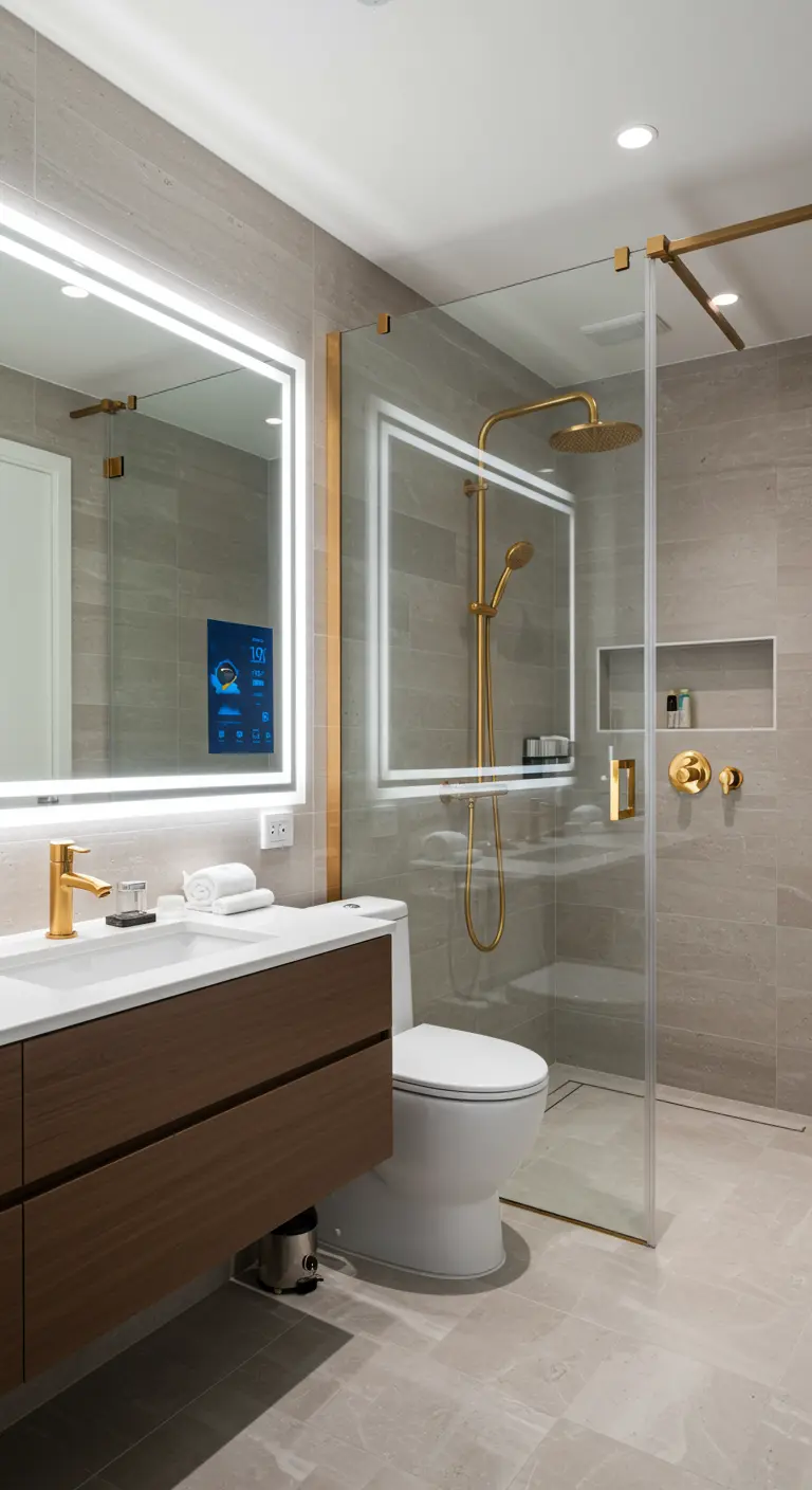 Baño moderno con espejo inteligente iluminado que muestra una interfaz digital, y ducha con mampara de cristal.