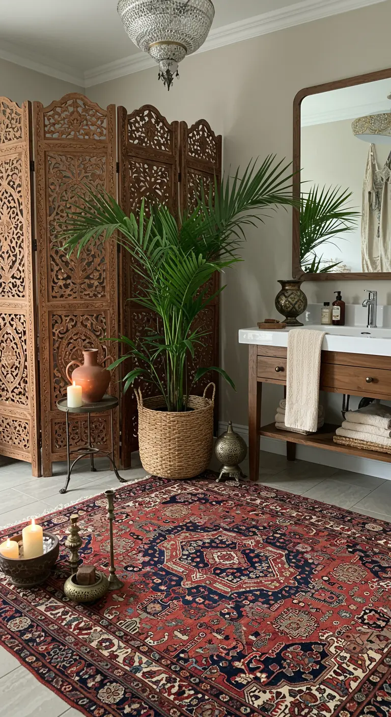 Baño bohemio con biombo de madera tallada, alfombra persa y palmera.